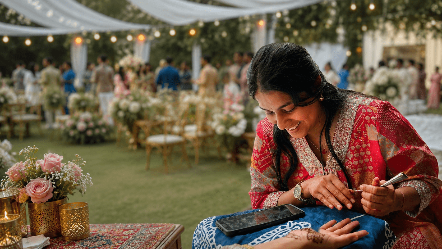 Intricate bridal henna being applied to a pair of hands